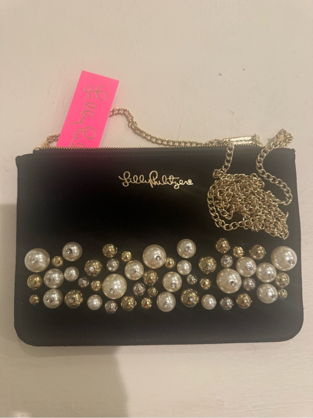 Lilly Pulitzer Black Pearl & Gold-Studded Crossbody Removable Chain Clutch NWT